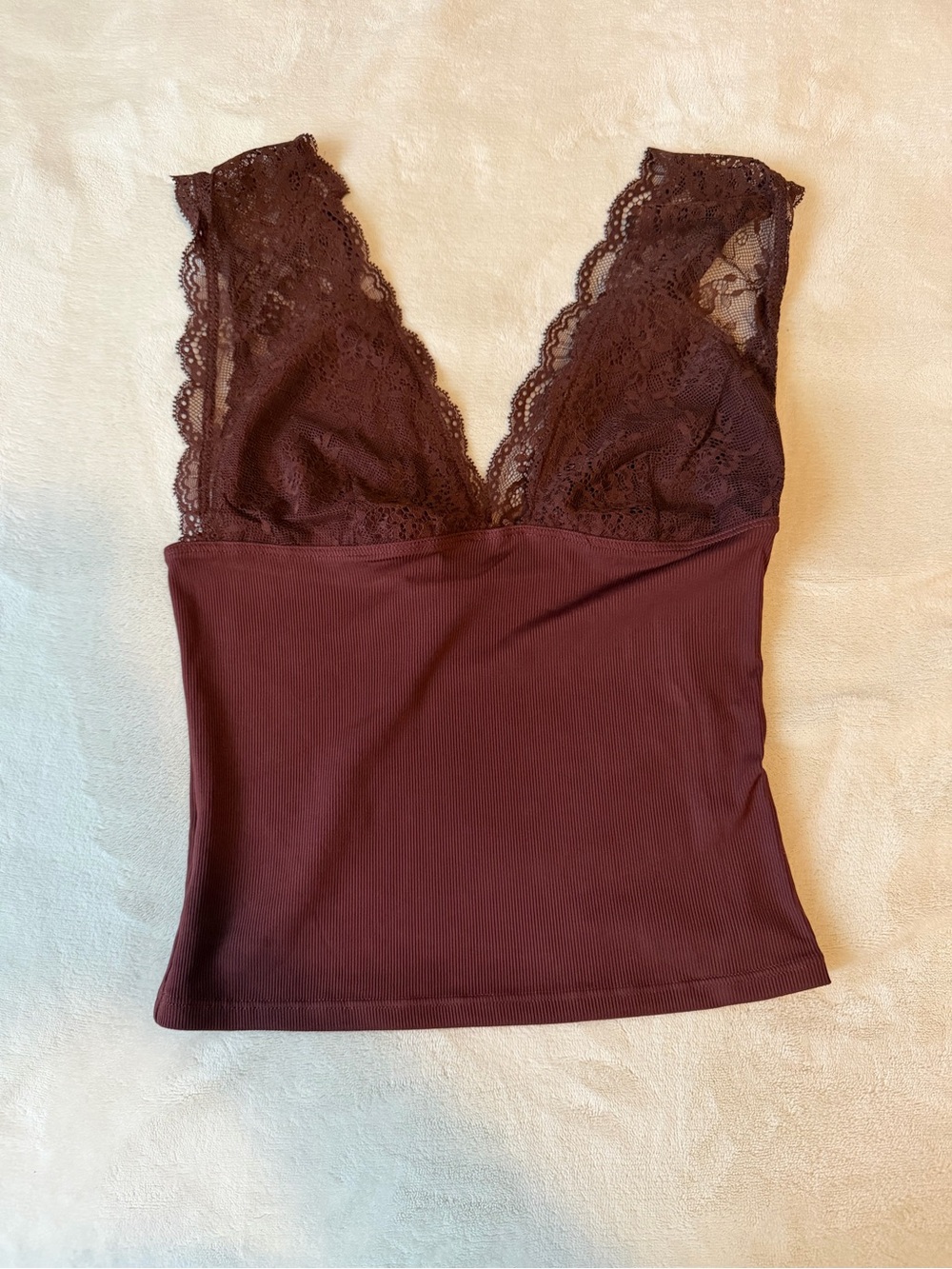 Free People Ribbed Lace Plunge Tank - Brown
